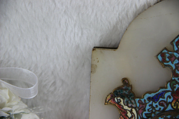 Antique French enamel Cloisonne Champleve saint jesus porcelain holy water font