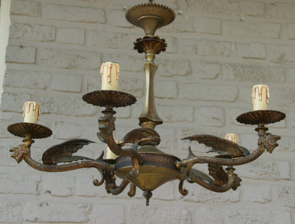 Antique French neo gothic castle 5 arms dragon  chandelier lamp rare