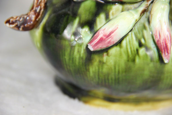 Huge Antique 1900 art nouveau barbotine MAjolica Vases planter set relief floral