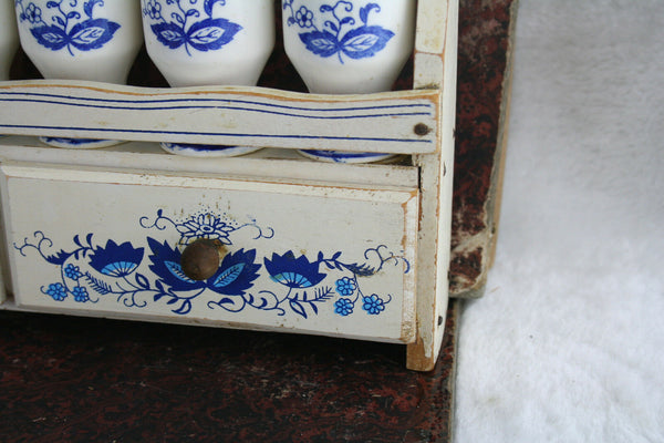 Vintage 70's Kitchen rack wood delft blue white pottery 6 shakers herbs