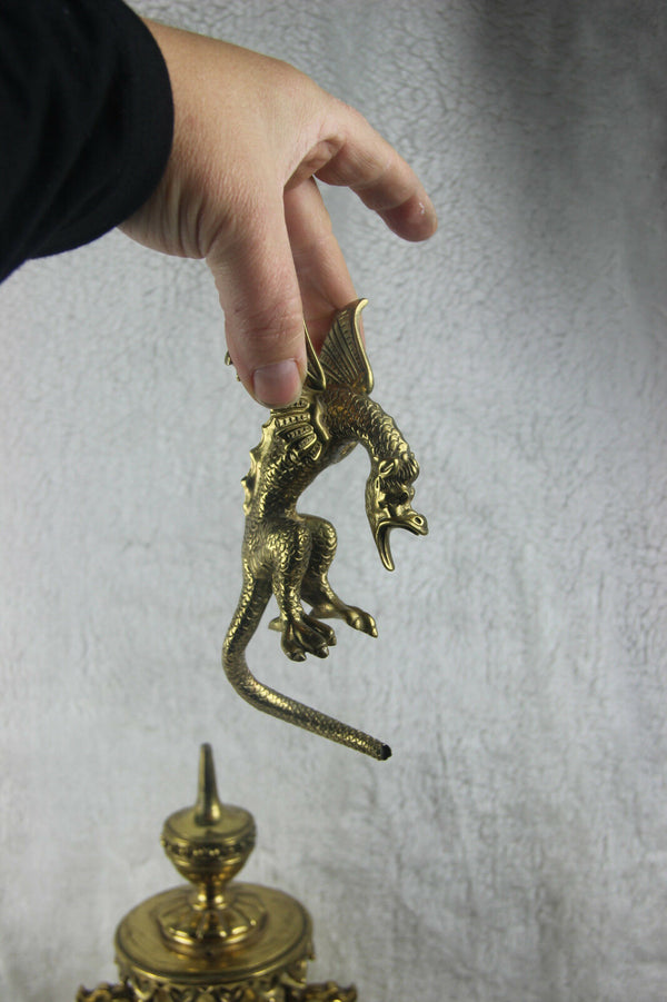 Antique french copper mantel clock gothic dragon chimaera crawling top