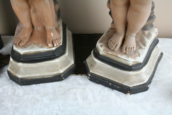 PAIR huge French art nouveau Chalkware polychrome boy & girl figurine statues