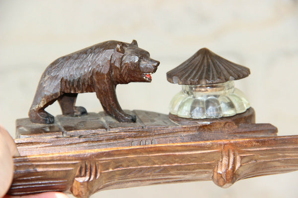 Antique hand Black forest wood carved swiss bear statue inkwell