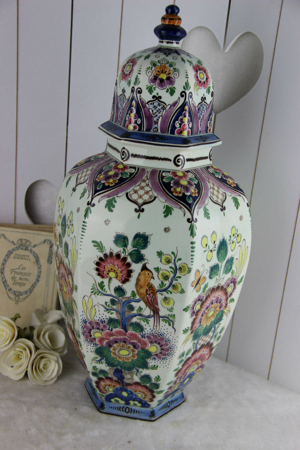 LARGE polychrome ceramic DELFT Bird floral lidded vase marked Dutch