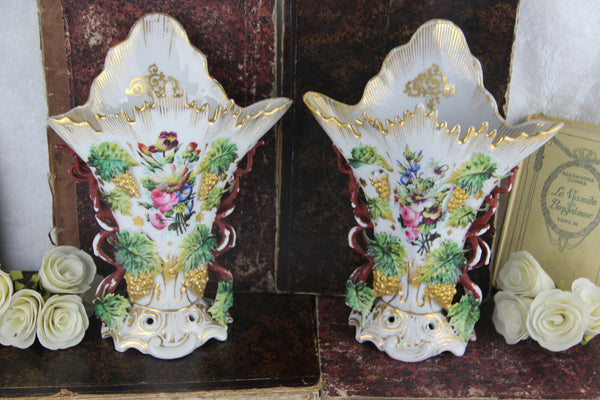 PAIR French vieux paris porcelain Vases Grape clusters floral decor 1920