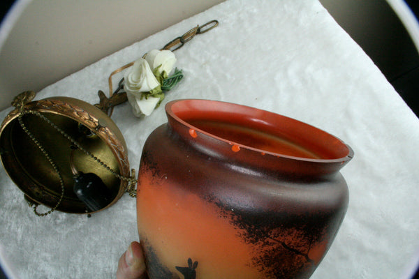 French antique Brass eagle glass paste acorn deer hunt shade rare