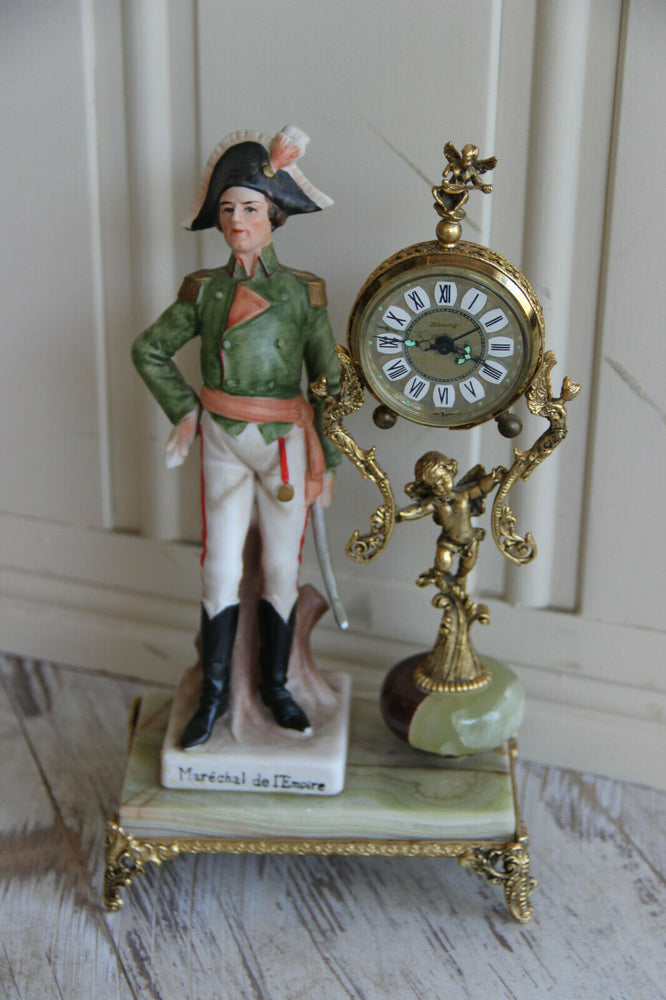Vintage Napoleon officer soldier porcelain figurine clock putti caryatids onyx