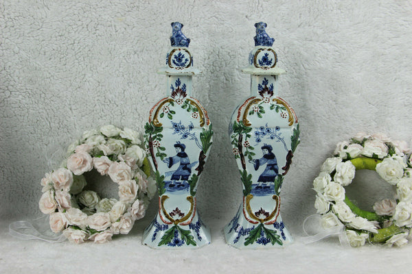 PAIR 18thc antique DELFT pottery chinoiserie foo dog lid vases marked