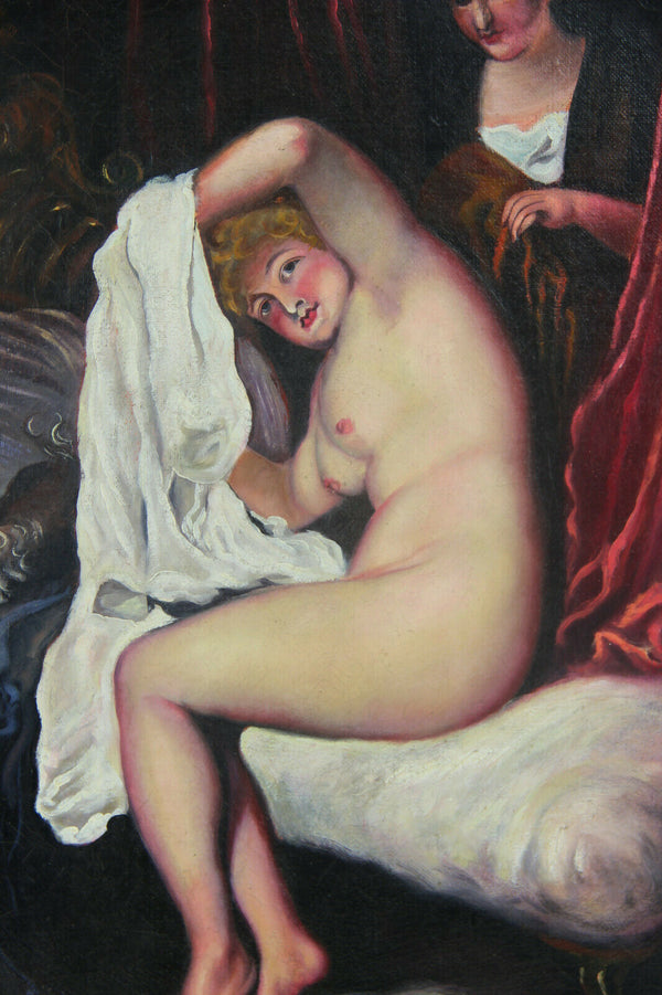 Vintage French oil canvas painting nude lady dog aristocratic