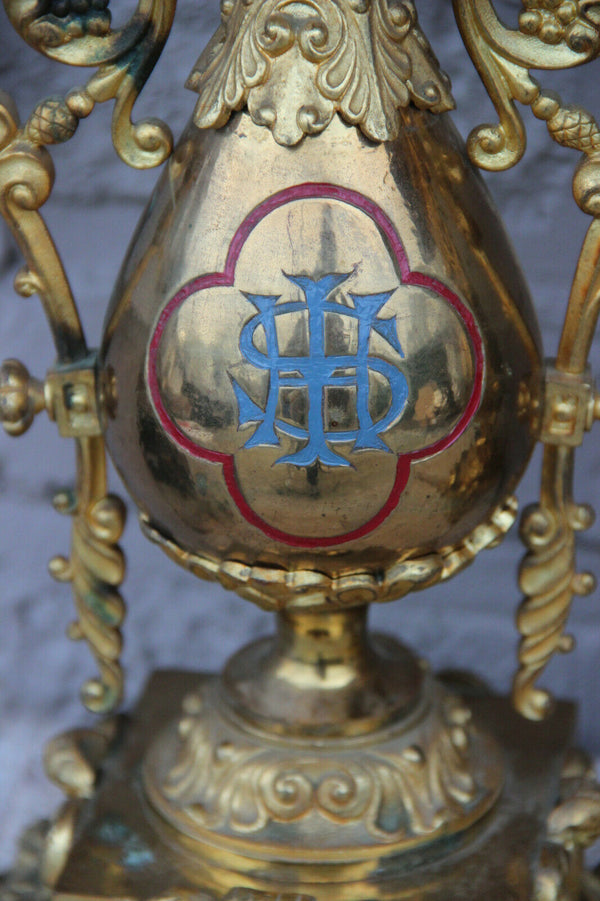 Rare Antique bronze French Church altar PAIR oil Lamps enamel decor religious