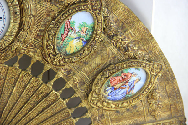 Unusual Bronze porcelain plaque medaillon victorian scene Clock fan form 1960