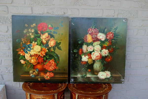 PAIR Flemish school vintage oil Maroufle panel painting floral flowers bouquet
