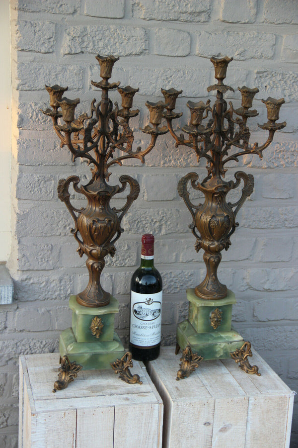Majestical Onyx marble spelter bronze antique French candlelabras candle holder