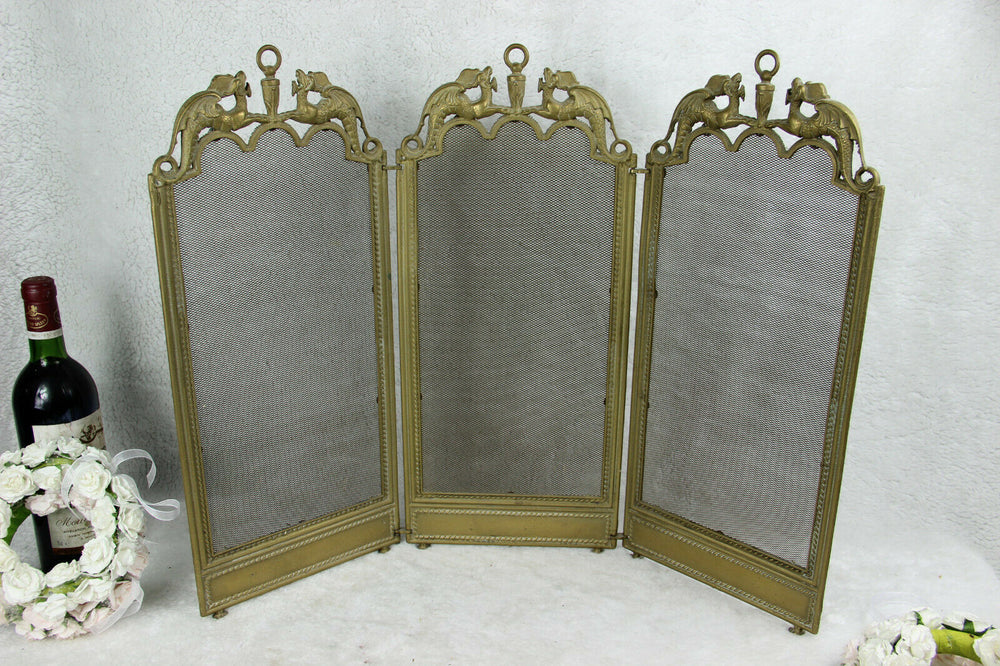 Antique French Brass metal Dragon gothic fireplace screen foldable