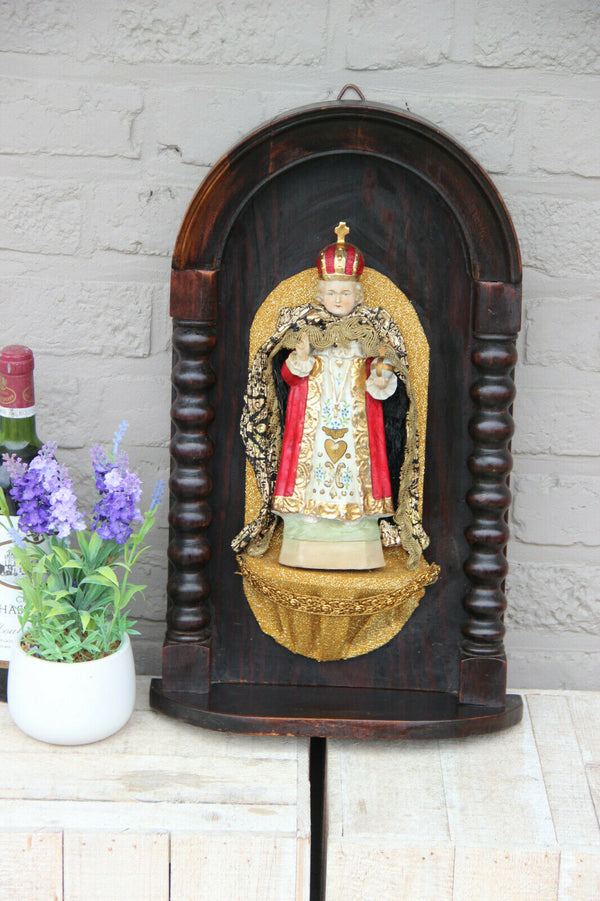 Antique French wood carved chapel with jesus of prague porcelain figurine cape