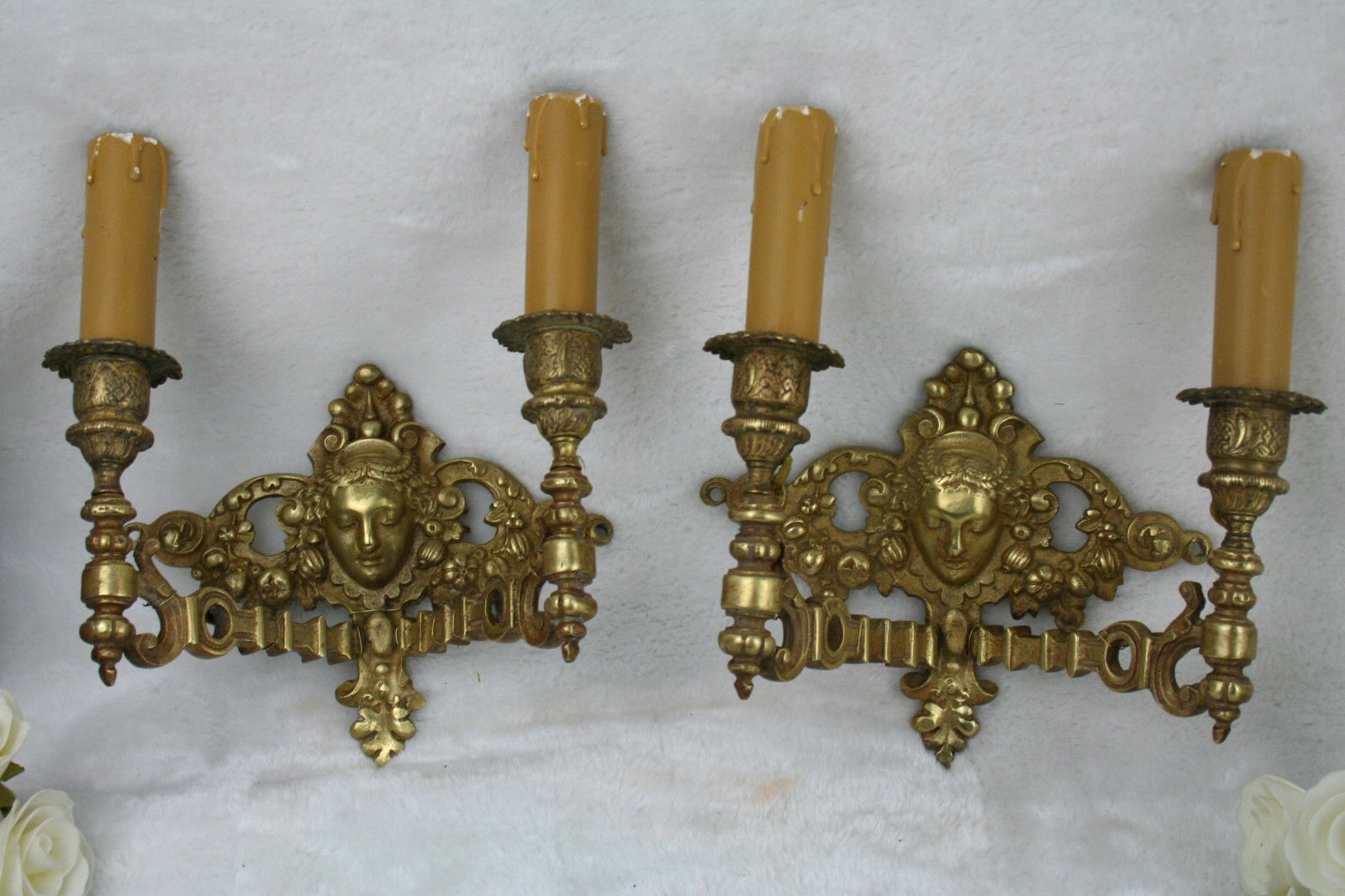 Pair French Bronze brass putti cherub angel heads wall sconces lights 1930