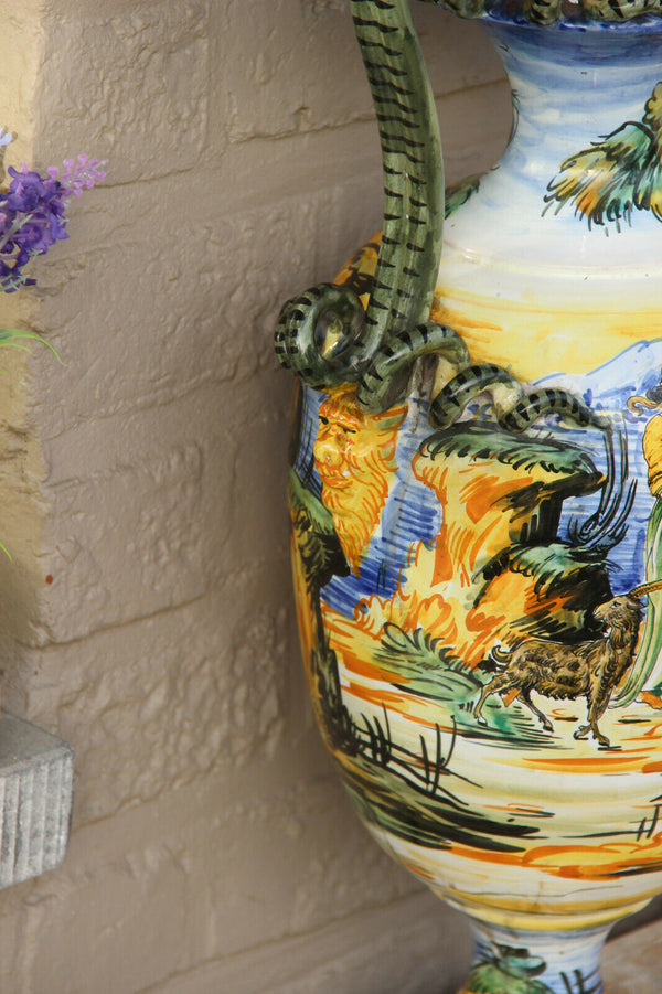 LARGE antique Italian majolica Satyr heads snakes handles hand paint vase