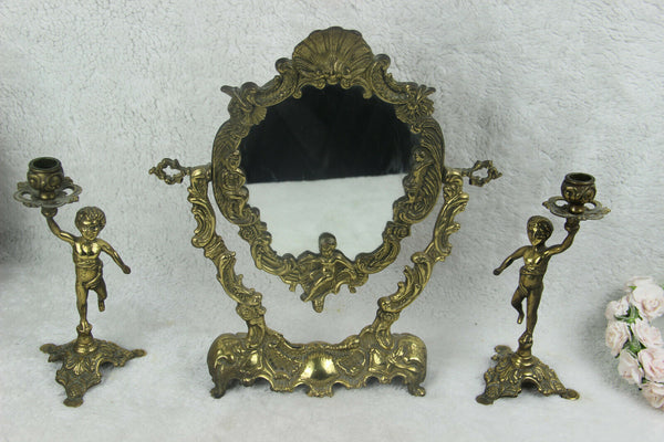 Antique French vanity Bronze brass putti Mirror candle holder set make up