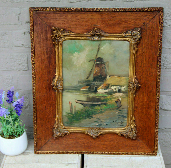 Gorgeous Antique Flemish oil panel painting Landscape mill waterfront signed