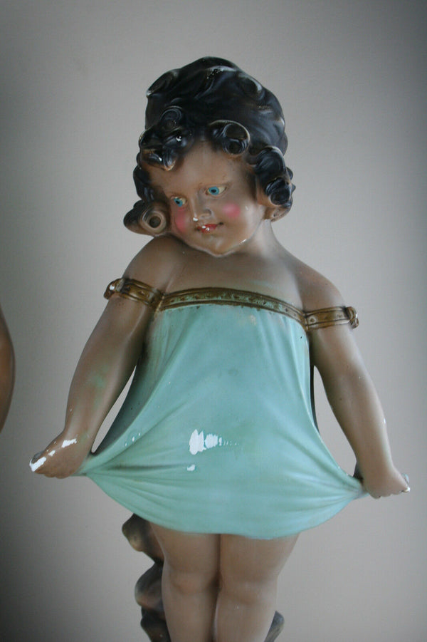 PAIR huge French art nouveau Chalkware polychrome boy & girl figurine statues
