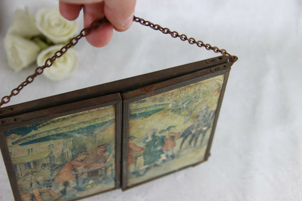 Antique French 1900 Barber mirror tryptich open/fold system chromos hunt dogs