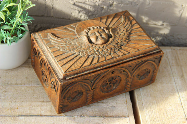 Antique religious church wood carved neo gothic religious putti angel  Box