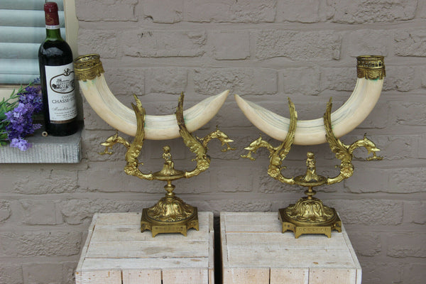 RARE pair Bronze antique Cornucopia horn dragon gothic castle putti statue
