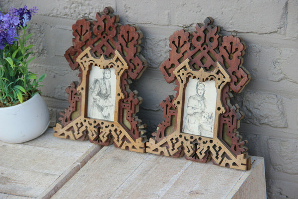 PAIR antique french art nouveau wood carved photo picture frames rare