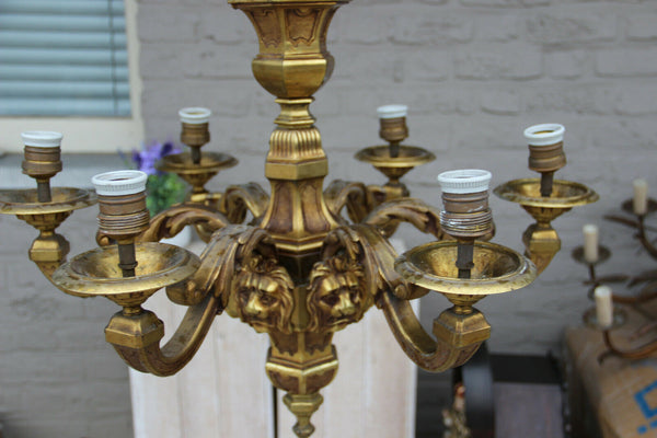 LARGE French antique MAZARIN bronze lions heads 6 arms chandelier