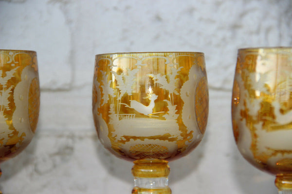 Antique Set 4 Bohemia yellow Crystal glass glasses deer hunting theme