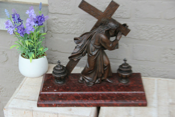 Antique French spelter bronze marble base Jesus christ cross statue inkwell