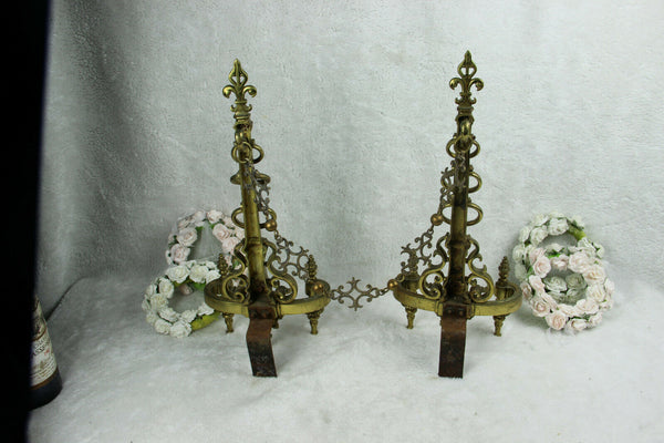 PAIR antique Bronze fleur de lys French fireplace andirons shields armor