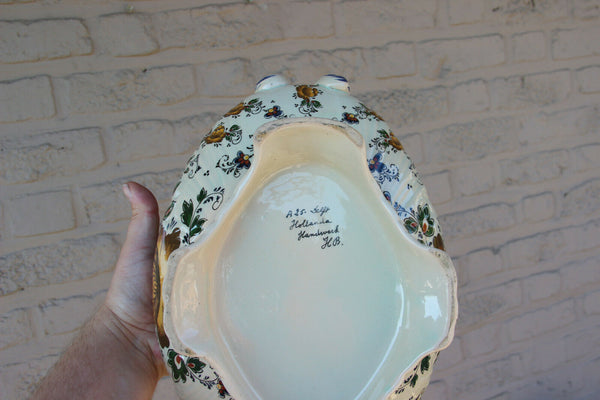 Large DELFT polychrome pottery marked Centerpiece bowl tureen on plate floral