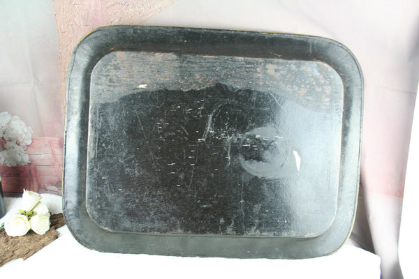 XXL French antique black Tole tin metal Tray floral 19th c