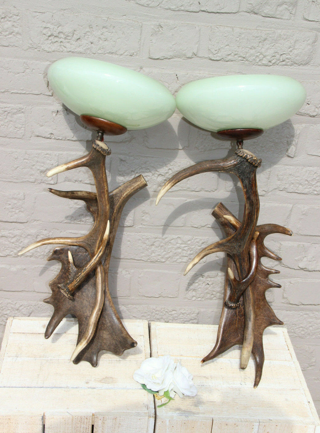 PAIR vintage 1970 hunt cabin Deer antler Sconces wall lights opaline shades