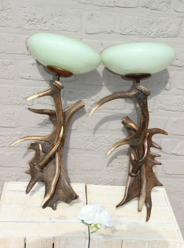 PAIR vintage 1970 hunt cabin Deer antler Sconces wall lights opaline shades
