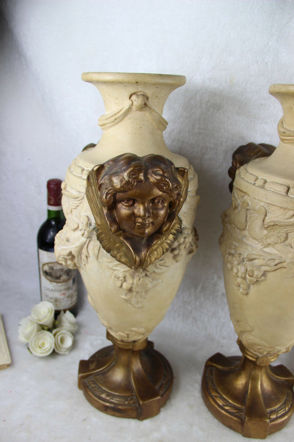 PAIR XL Chalkware French antique VASES putti heads birds decor marked