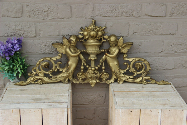 XL french chalkware Gold gilt pendiment fronton putti angels romantic Antique