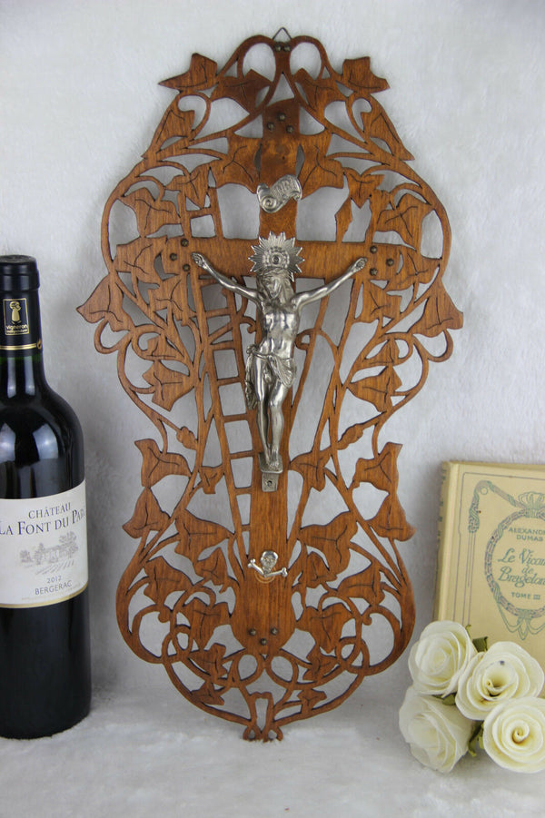 Rare vtg French wood carved crucifix christ cross 1960's religious