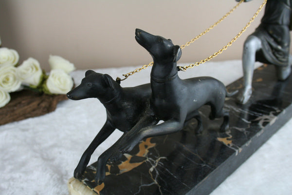 Art deco French spelter Group Lady dogs whippets marble base statue sculpture