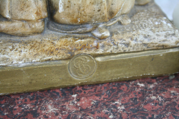 Old French monogrammed Plaster Madonna with child statue figurine marked