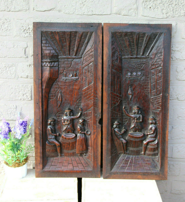 Antique French pair breton wood carved cabinet panels