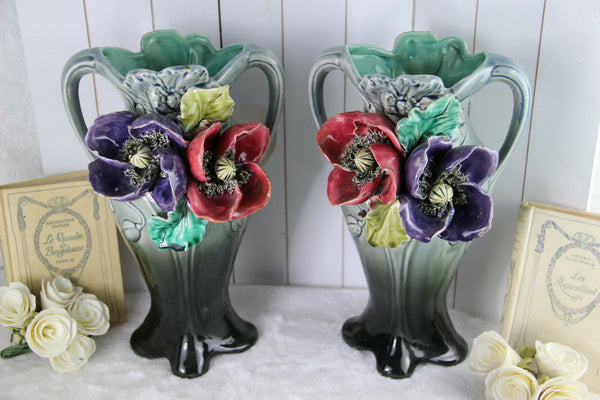 PAIR ART NOUVEAU Barbotine flower Vases 1900 French antique