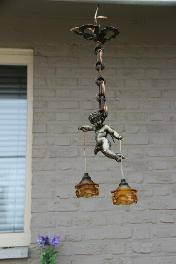 Superb antique parisian bronze putti angel pendant lantern chandelier