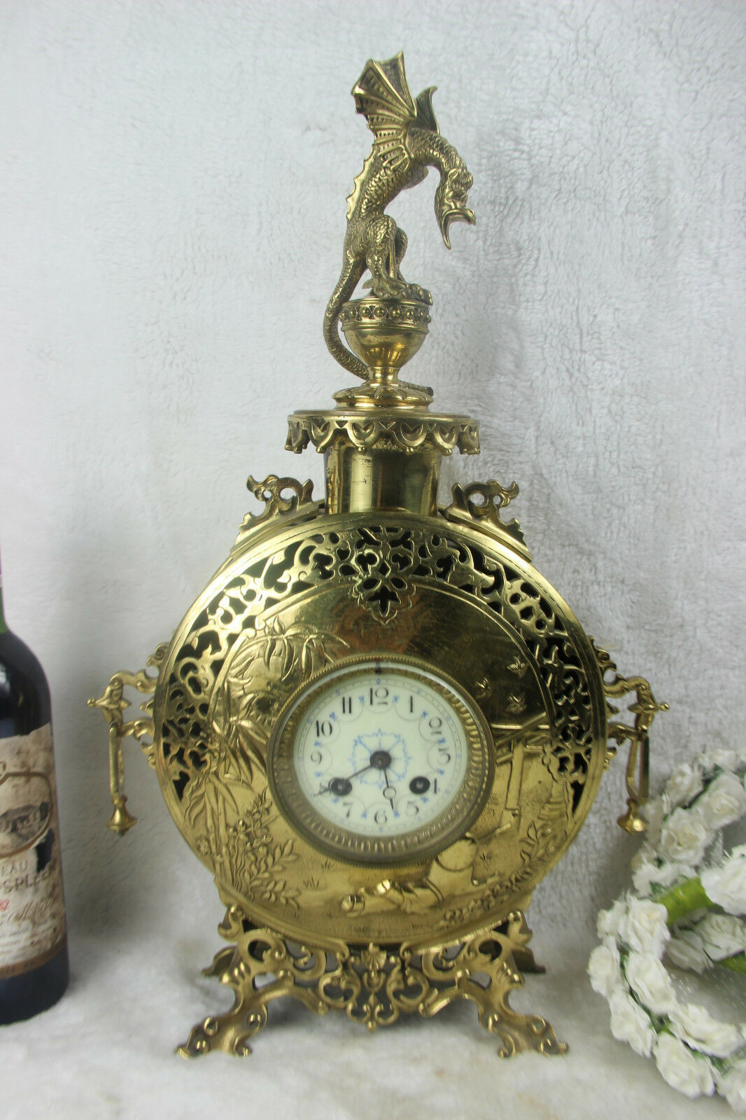 Antique french copper mantel clock gothic dragon chimaera crawling top