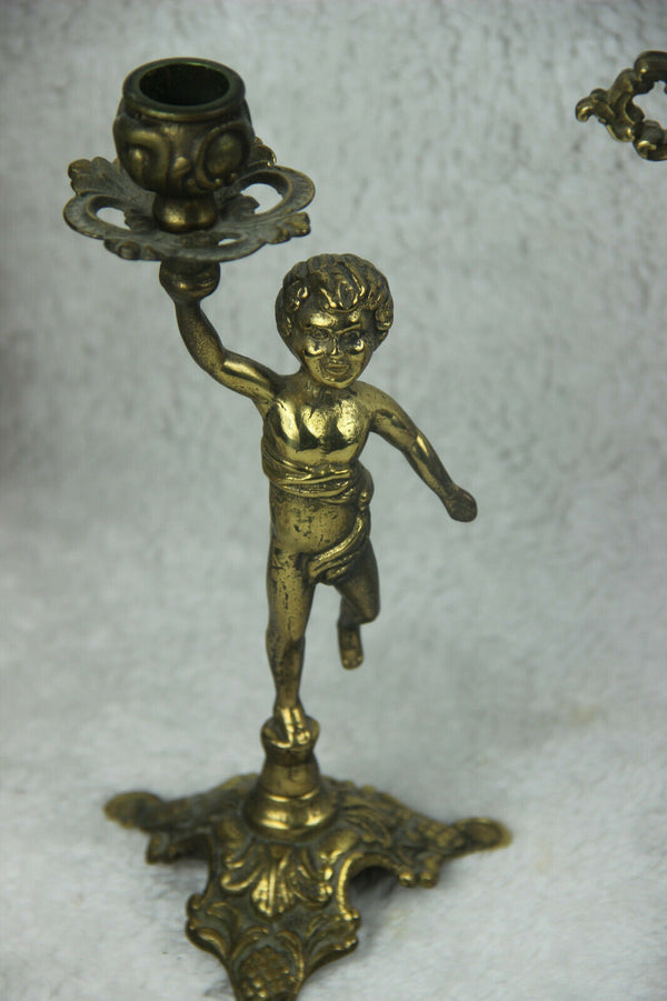 Antique French vanity Bronze brass putti Mirror candle holder set make up