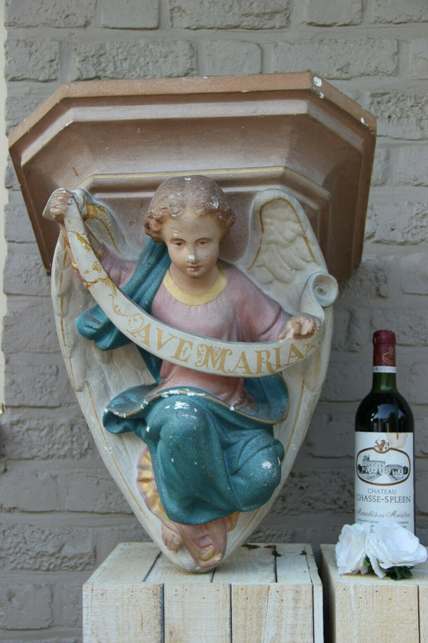 Huge Religious Church antique Plaster polychrome wall console angel