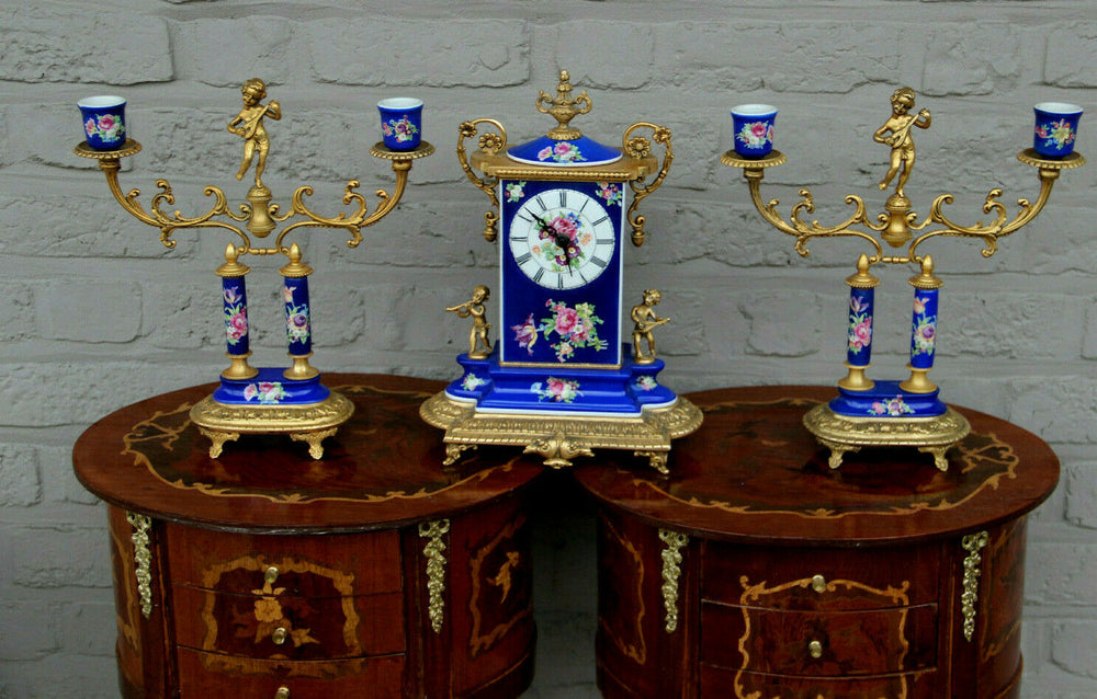 Superb French vintage porcelain putti angels floral clock set candlesticks 1960