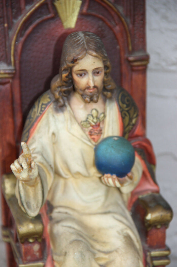 Antique Large Chalkware polychrome religious christ King throne Statue figurine