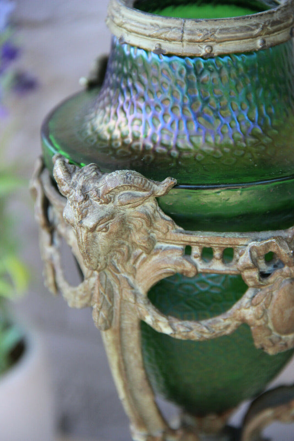 PAIR antique French Vases urns LOETZ green opalescent glass ram heads